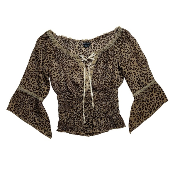 Piano Vintage Y2K Cheetah Print Mobwife Renaissance Smocked Bell Sleeve Top SZ M - Picture 1 of 12